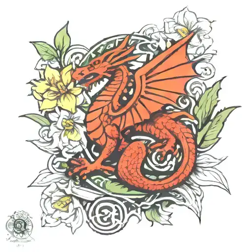 Welsh dragon, still here, daffodils, celtic knott tattoo design idea