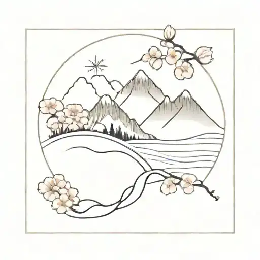 swiss mountians, japanese sakura, brazilian beavc/waves tattoo design idea