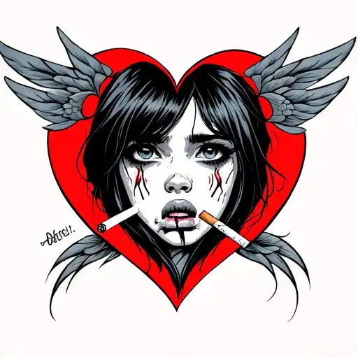girl crying with cigarette in mouth inside heart shape with long thick winged eyeliner tattoo design idea