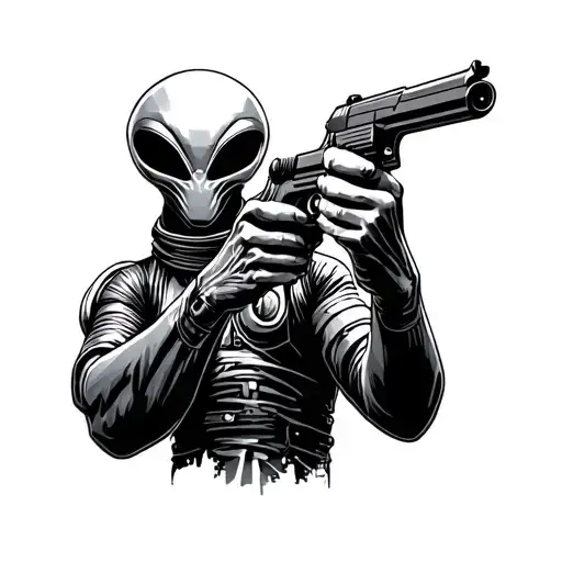 alien with a gun facing human astronaut pointing it at him with camera angle behind the alien humans hands are up tattoo design idea