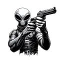 alien with a gun facing human astronaut pointing it at him with camera angle behind the alien humans hands are up tattoo design idea