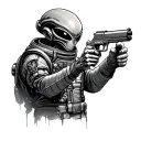 alien with a gun facing human astronaut pointing it at him with camera angle behind the alien humans hands are up tattoo design idea