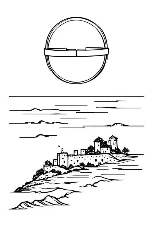 island, fortification ruin and engagement ring tattoo design idea