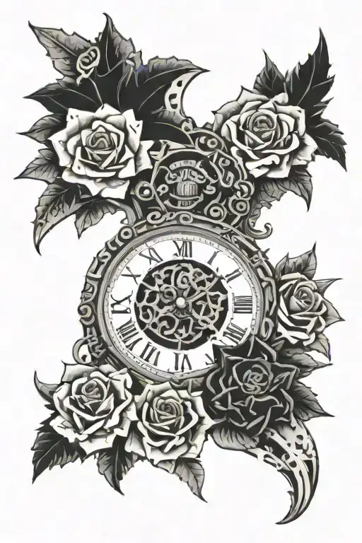 curly starfish climbing out of a ripped piece of paper, patr of a roman numral clock, waves and roses for the infill tattoo design idea