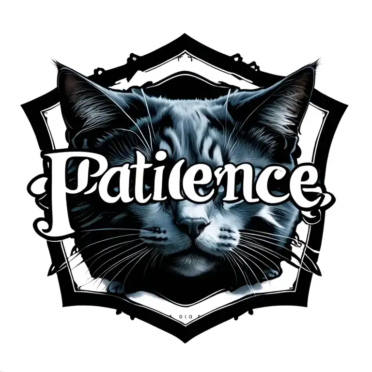 Text "Patience" Written Vertically in Russian Blue Cat tattoo design idea