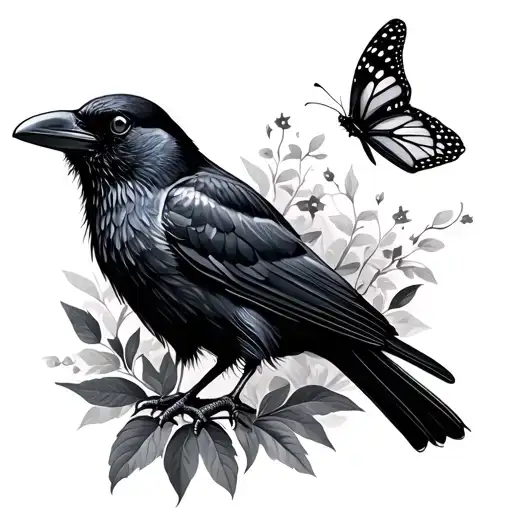 crow and butterfly perched tattoo design idea