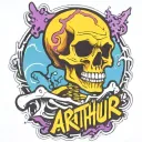 creepy skeleton with the name arthur written tattoo design idea