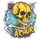 creepy skeleton with the name arthur written tattoo design idea