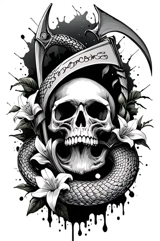 gothic paint splatter style a skull in the front and a scythe in the back with a snake in the skull and spider lilys tattoo design idea