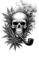 A skull smoking a ceremonial pipe, surrounded by swirling smoke and weed tattoo design idea
