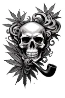 A skull smoking a ceremonial pipe, surrounded by swirling smoke and weed tattoo design idea