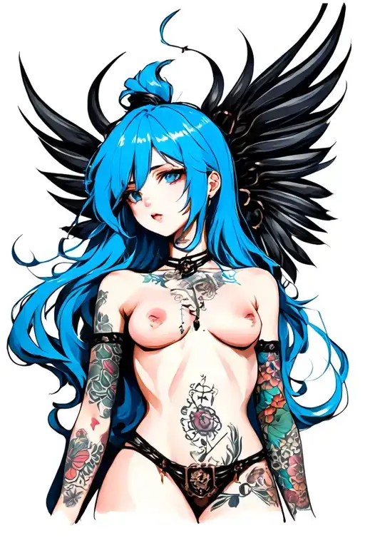 hentail, nude, bdsm, sexy front suggestive position, simple body, blue hair tattoo design idea