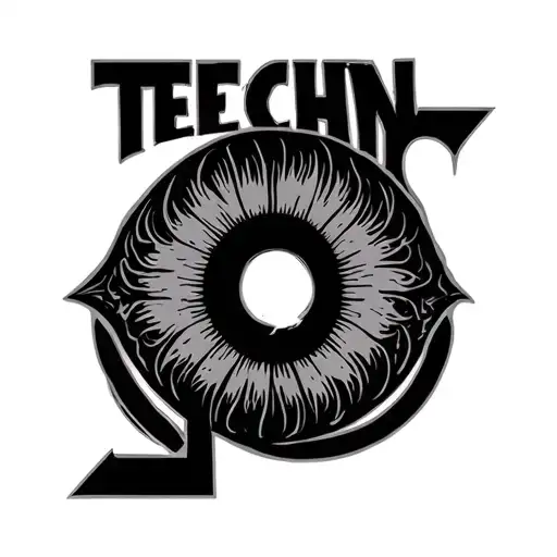 "TECHN O" word TECHN O but the last letter is an eye instead of an "O", everything must be balanced tattoo design idea