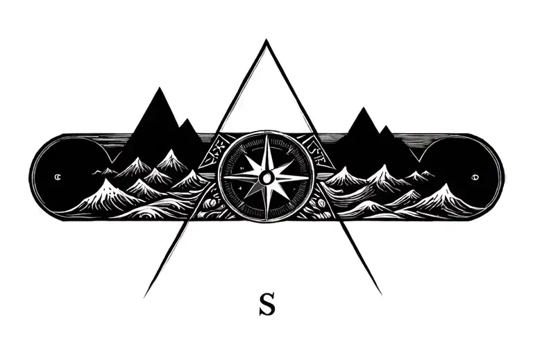 large compass surrounded by intricate geometric mountains and crashing waves, black and white, add triangle frame tattoo design idea