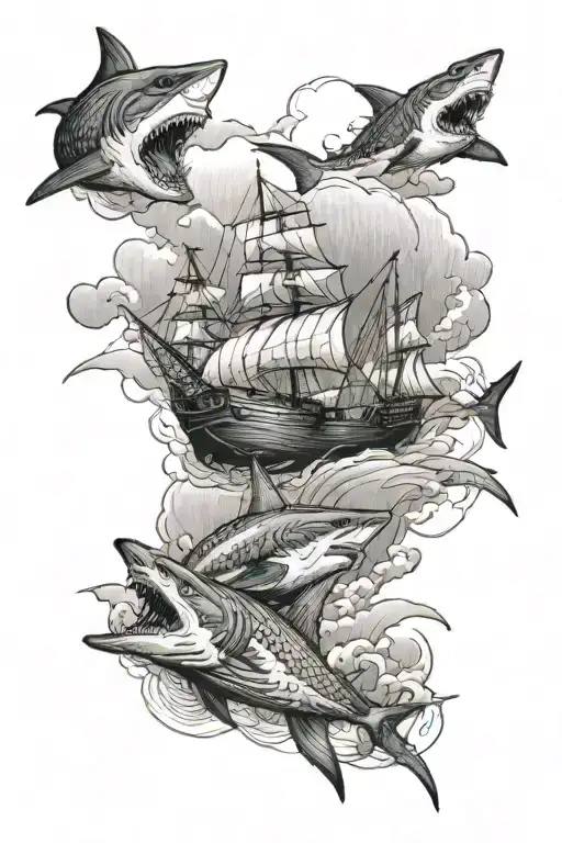 a ship is moving in a storm. three sharks, one jumps on the ship with its mouth open. in the background there are mountains in the fog and clouds tattoo design idea