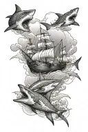 a ship is moving in a storm. three sharks, one jumps on the ship with its mouth open. in the background there are mountains in the fog and clouds tattoo design idea