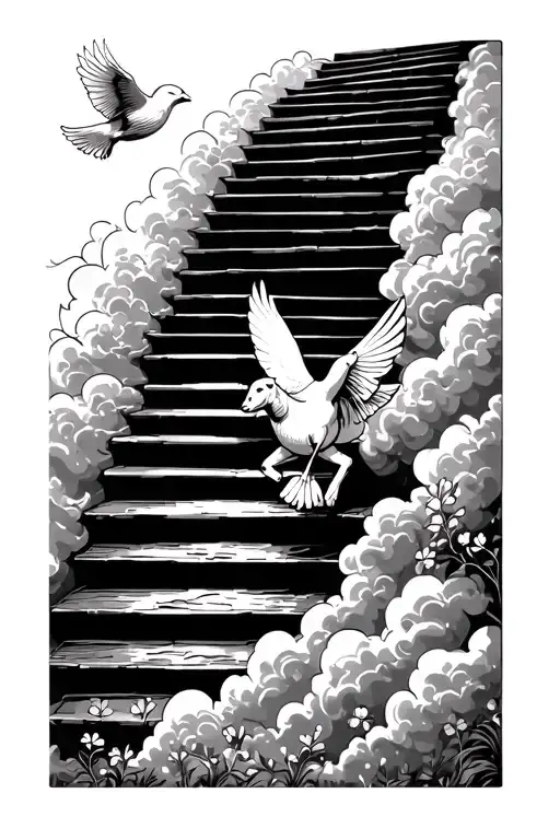 sun shining through clouds about with stairway up dove holding clover flying up lamb walking up the stairs on other side tattoo design idea