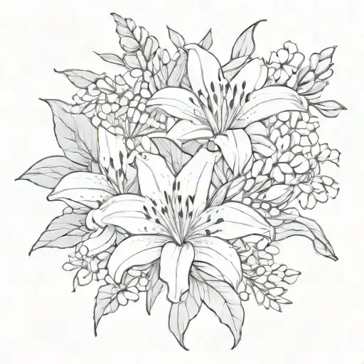 a lily surrounded by hydangeos, jasmines and eucalyptus tattoo design idea