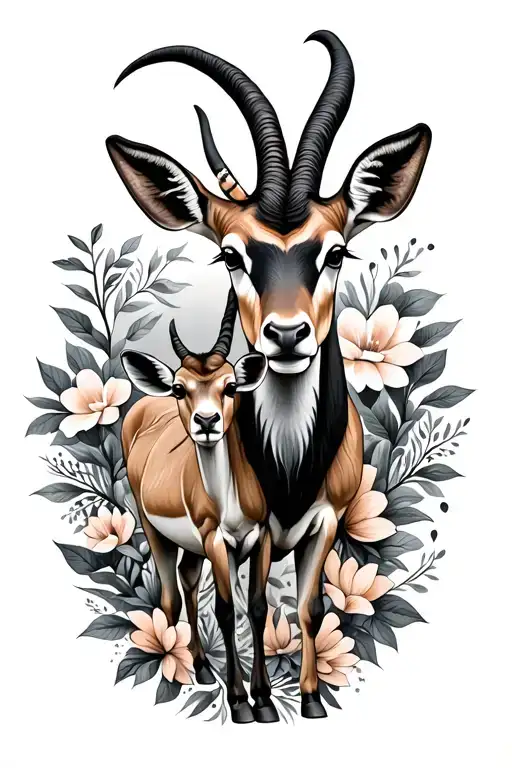 Female Eland and small calf with floral design featuring Zimbabwe tattoo design idea