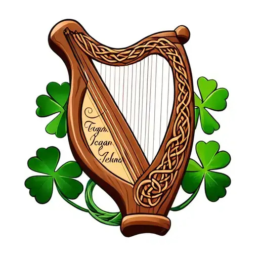 shamrocks and Celtic knots and hearintertwined into a Irish Celtic harp engraved into the wood the names Teagan Ireland  tattoo design idea