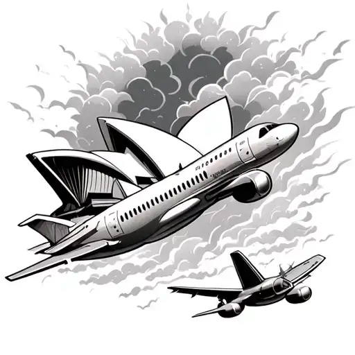 plane flying from a hospital surrounded by storm to the sydney opera house with a sun tattoo design idea