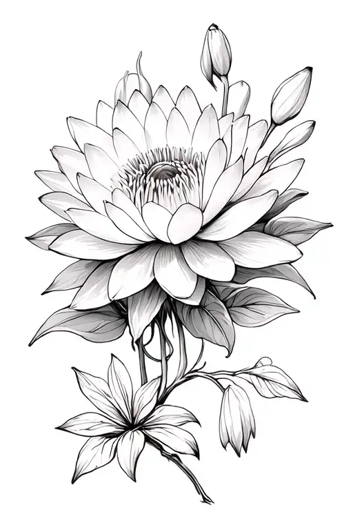 Water lily, snowdrop, honeysuckle, peony, chrysanthemum tattoo design idea
