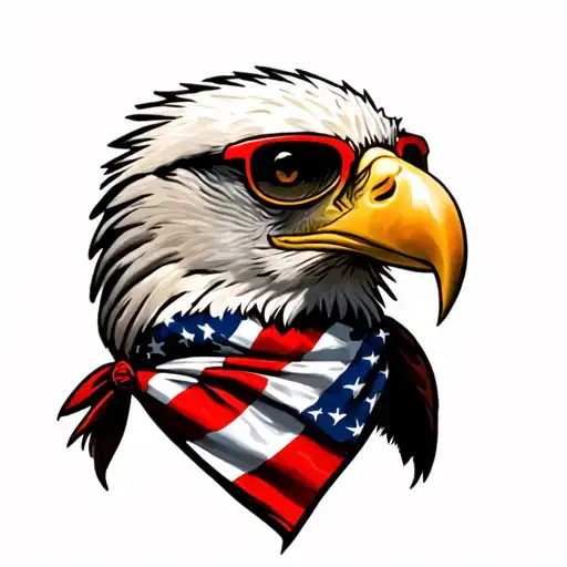 Bald Eagle wearing an American Flag bandana and red framed sunglasses. tattoo design idea