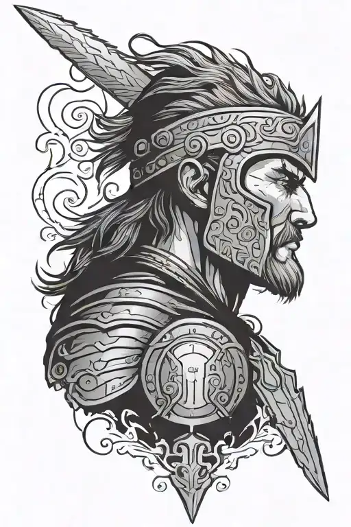 Beowulf sword above his head, headband, armour, looking up. side profile. fineline. minimalistic. tattoo design idea