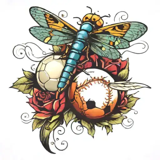 a dragon fly a baseball a soccer ball a pearl tattoo design idea