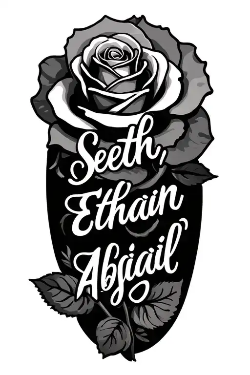 "Seth, Ethan, Abigail" roses with names subtly incorporated tattoo design idea