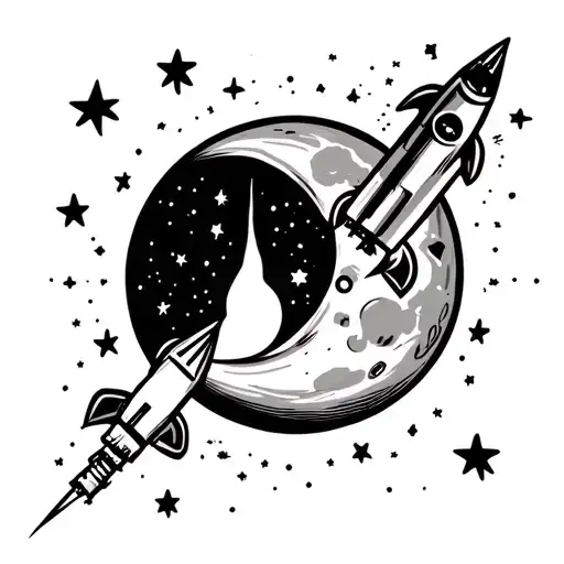 moon with galaxy background with rocket launch stars constallation tattoo design idea