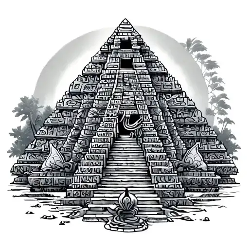 aztec tample with quetacotl serpient aroud the piramid tattoo design idea
