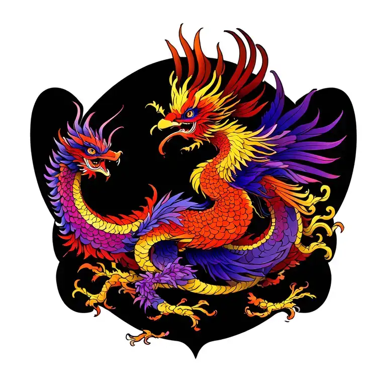Chinese phoenix bird and a dragon dancing int. The basic colors are mauve and purple and red and orange and yellow and t tattoo design idea