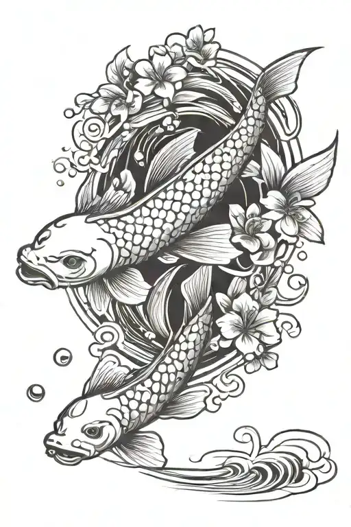 koi fish, waves, cherry blossom tree tattoo design idea