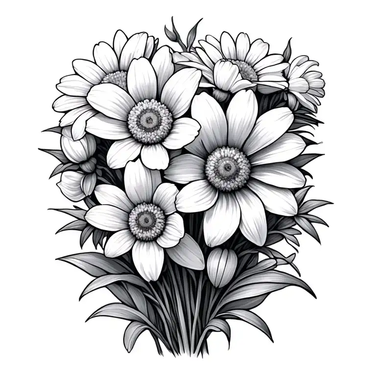 daisy flower, daffodil flowers, narsiccus flower bouquet tattoo design idea