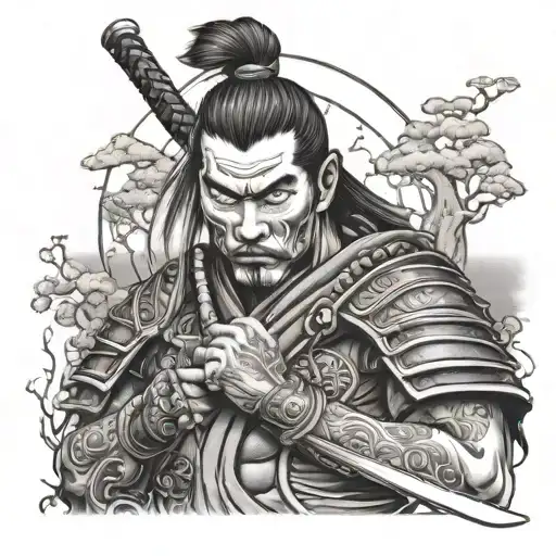 samurai warrior holding human head with trees in background tattoo design idea