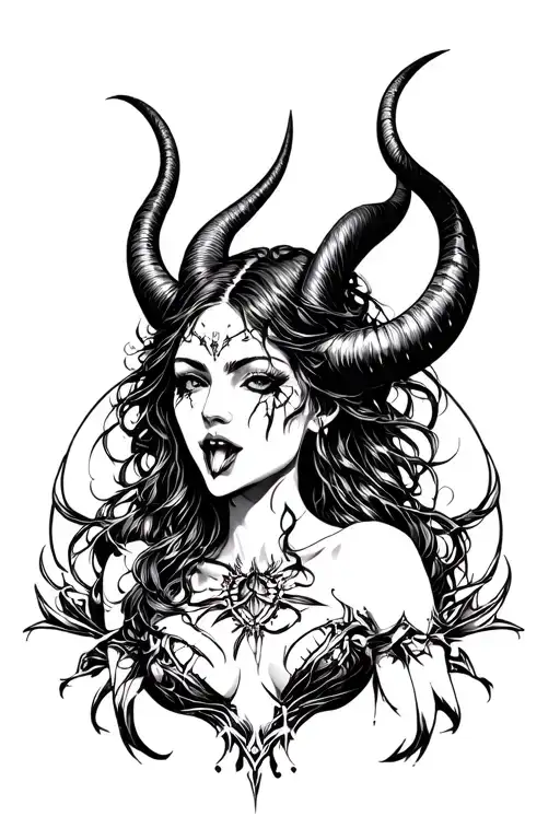 dark goddess Lilith with power surrounding her direct stare, curved horns, fangs, no pupils, snaked tongue tattoo design idea
