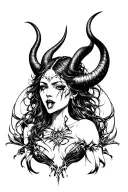 dark goddess Lilith with power surrounding her direct stare, curved horns, fangs, no pupils, snaked tongue tattoo design idea