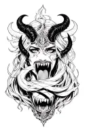 dark goddess Lilith with power surrounding her direct stare, curved horns, fangs, no pupils, snaked tongue tattoo design idea