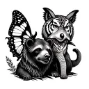 butterfly,wolf,owl,bear,magpie,lion,tiger,sloth and elephant  tattoo design idea
