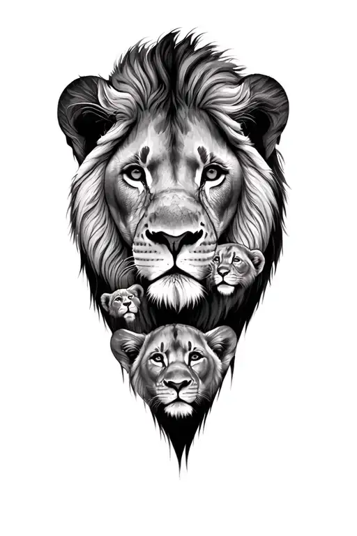 lion with 4 cubs face only tattoo design idea