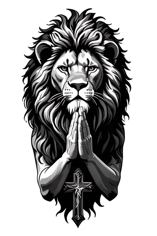 lion with cross and praying hands tattoo design idea
