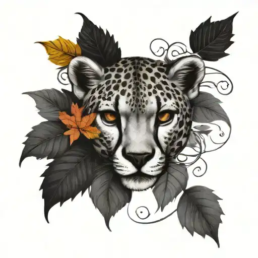 cheetah, skull, fall leaves intertwined tattoo design idea