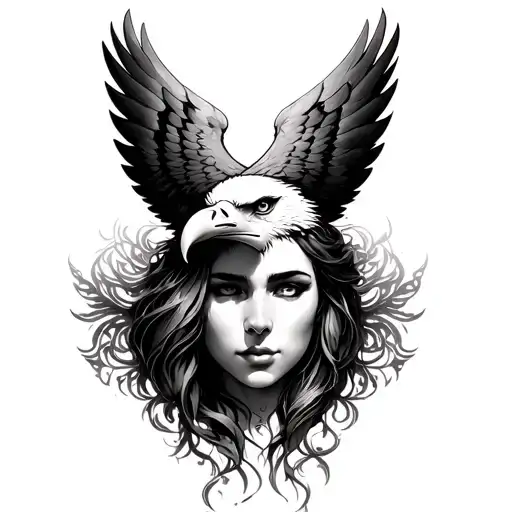 eagle head (representing God) on top of a woman's face as if protecting her with large intricate wings  tattoo design idea
