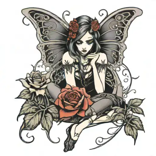gothic fairy sitting around roses intertwined tattoo design idea
