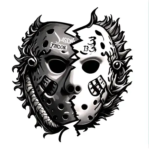 half of a broken Friday the 13th mask with  Japanese dragon the word 'JASON' And the number 13 tattoo design idea