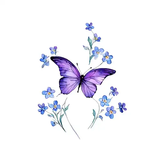 fine line cross with forget me nots surrounding a purple butterfly tattoo design idea