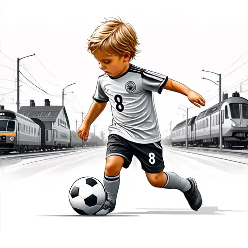Child playing soccer with number 8 on the shirt. Background neighborhood with roads and trains. The child is blond tattoo design idea
