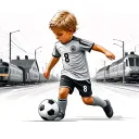 Child playing soccer with number 8 on the shirt. Background neighborhood with roads and trains. The child is blond tattoo design idea