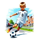 Child playing soccer with number 8 on the shirt. Background neighborhood with roads and trains. The child is blond tattoo design idea